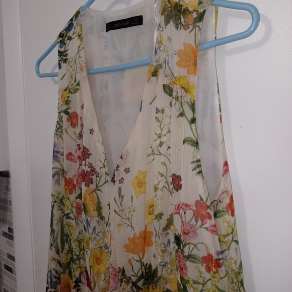Zara Basic Sleeveless Floral Sheer Lined Midi Dress V neck Gold Shimmer Streaks - Picture 5 of 11